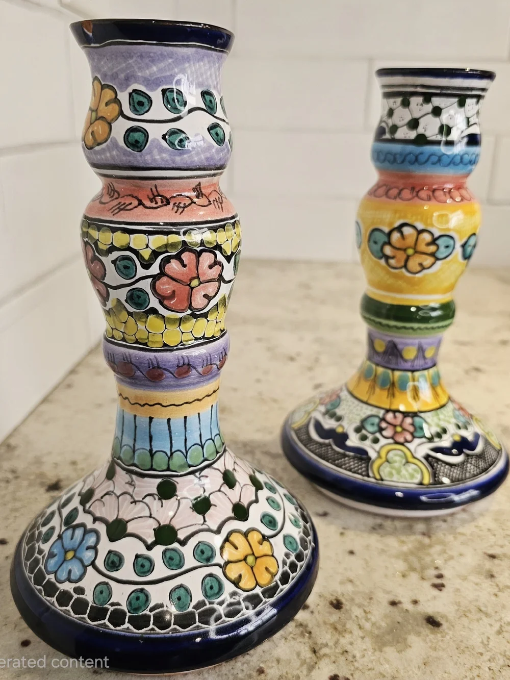 Hand-Painted Multicolor Earthenware Candle Holders Floral Talavera Pue Mex. Art